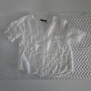 Fenini Linen Emboidred White Short Sleeve Blouse